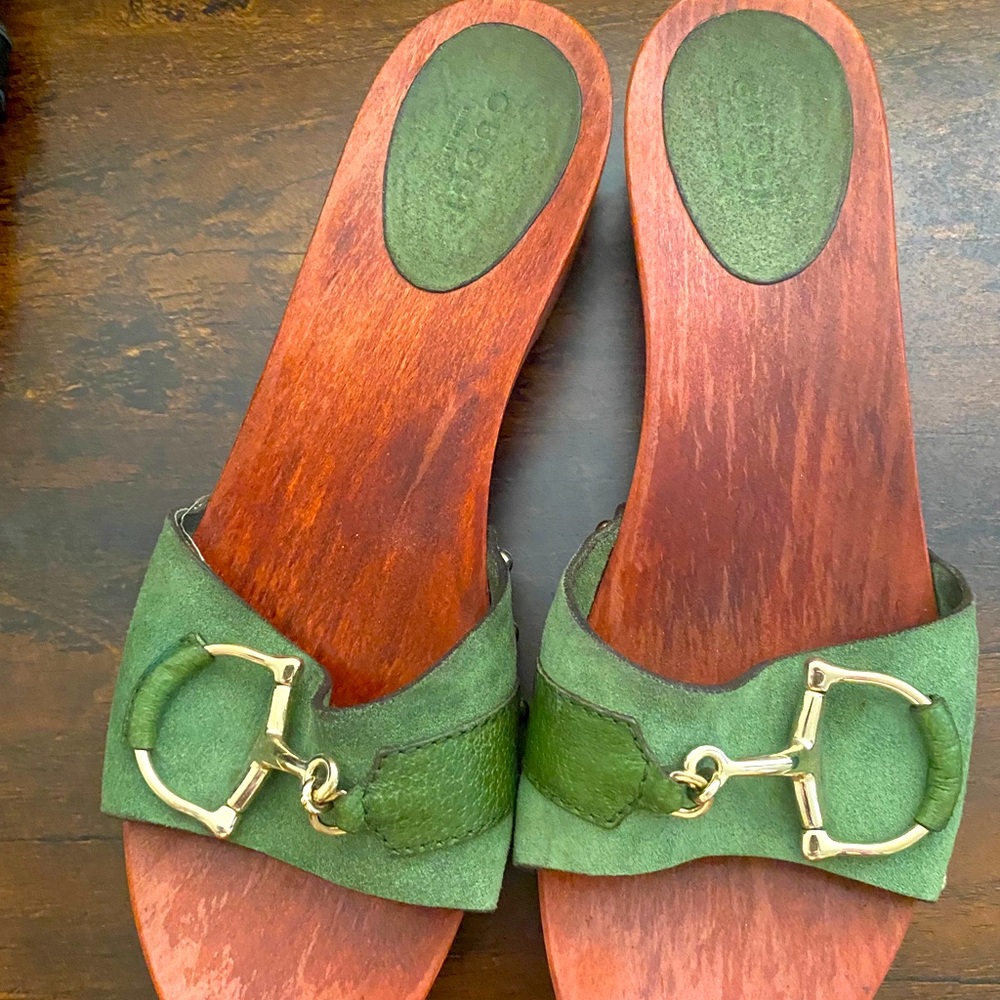 Vintage Gucci Suede and Wood Buckle Slides
